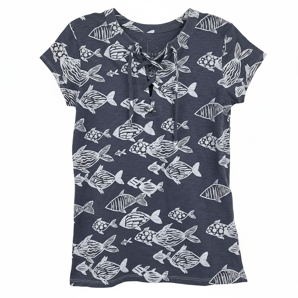 Hiho Gray White Lace-Up Neckline Fish Print Tee | Women's XS Regular